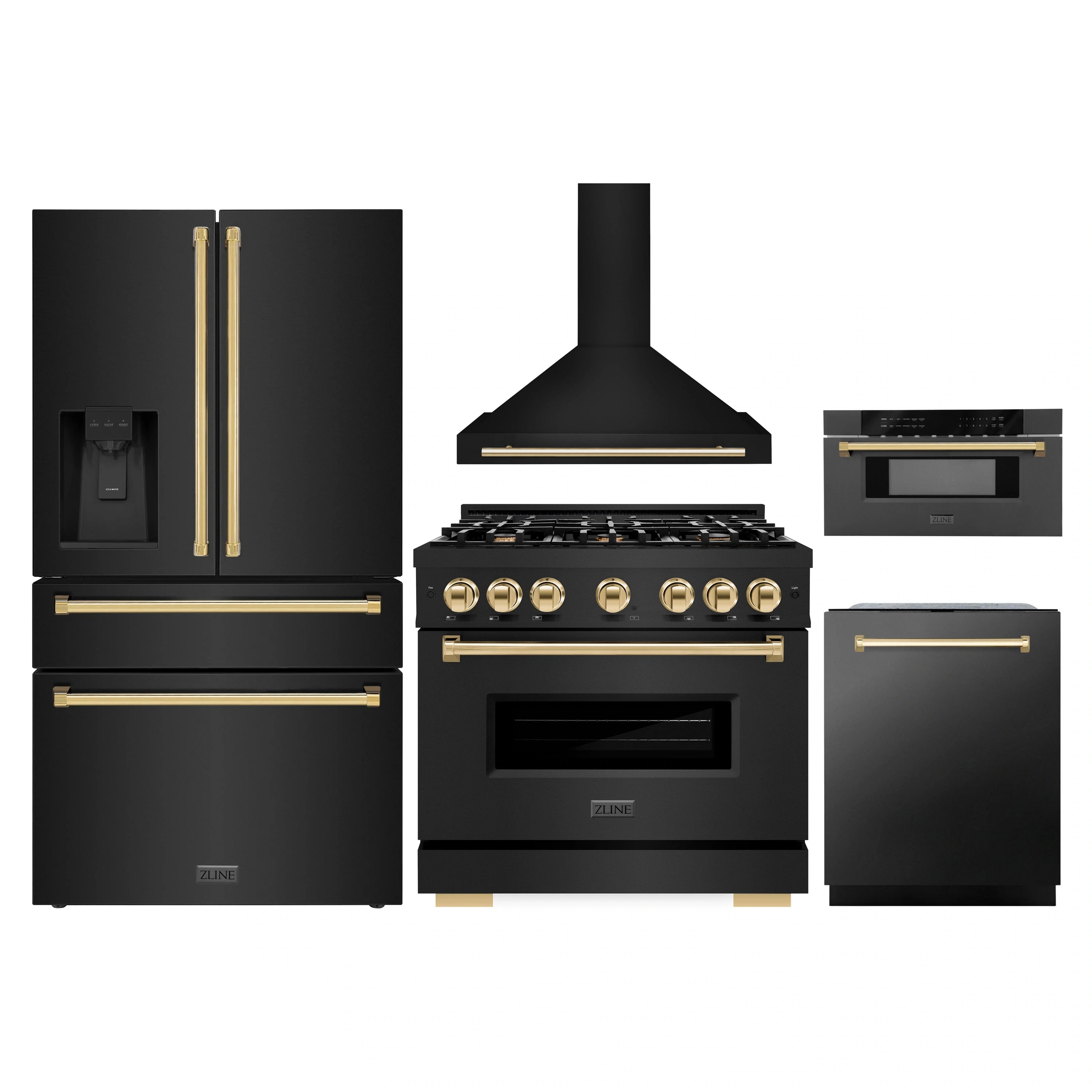 Black stainless 5-piece kitchen appliance set with gold accents: range, hood, fridge, dishwasher
