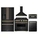ZLINE 5-Piece Appliance Package - 36-Inch Autograph Edition Gas Range, Wall Mount Range Hood, 36-Inch French Door Refrigerator with Water Dispenser, Dishwasher, and 30-Inch Microwave Drawer in Black Stainless Steel with Gold Accents