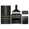 ZLINE 5-Piece Appliance Package - 36-Inch Autograph Edition Gas Range, Wall Mount Range Hood, 36-Inch French Door Refrigerator with Water Dispenser, Dishwasher, and 30-Inch Microwave Drawer in Black Stainless Steel with Gold Accents