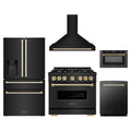 ZLINE 5-Piece Appliance Package - 36-Inch Gas Range, Hood, Refrigerator with Water Dispenser, Dishwasher, and Microwave Drawer in Black Stainless Steel with Gold Accents
