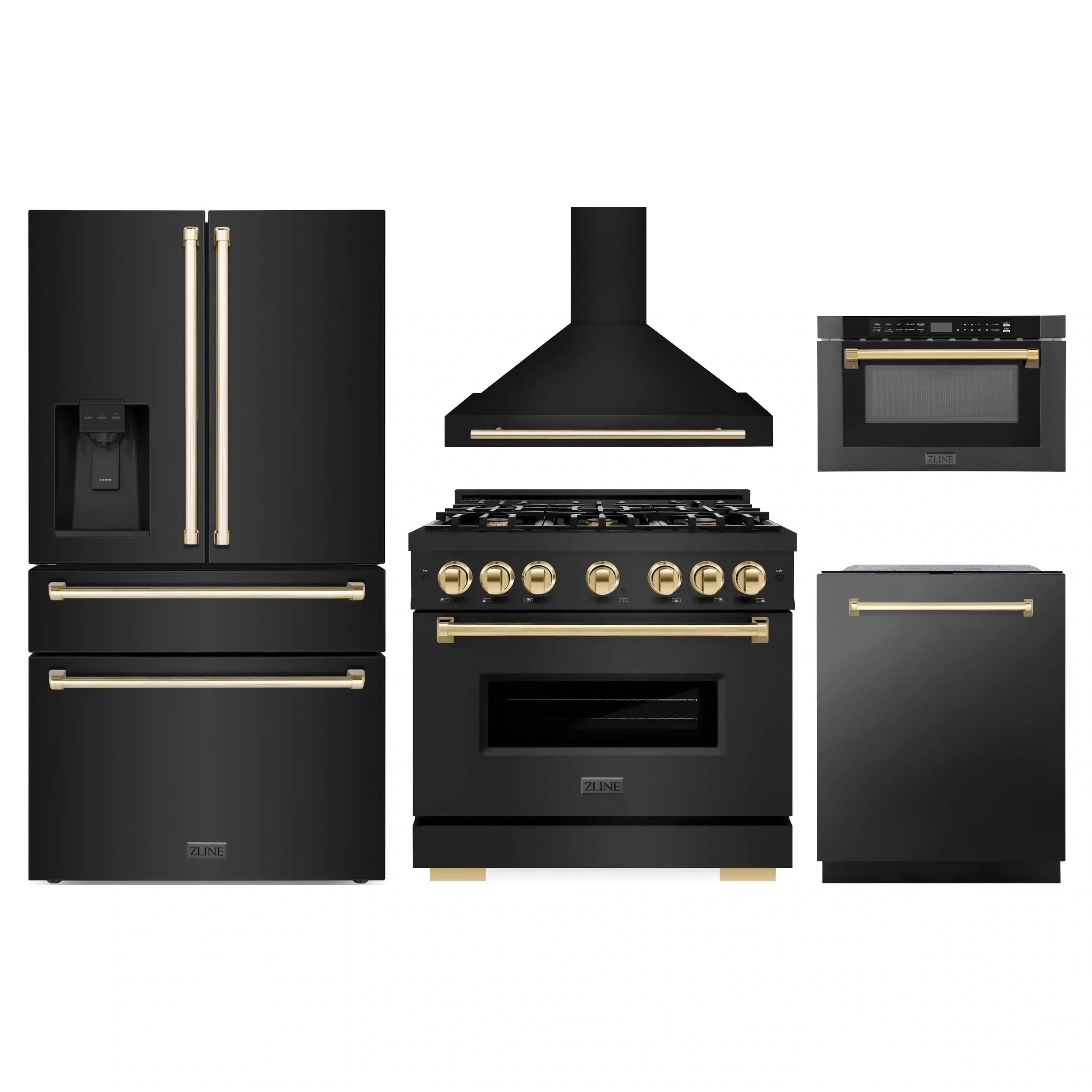 Five-piece black stainless appliance set with gold accents: range, hood, fridge, dishwasher, drawer microwave