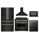 ZLINE 5-Piece Appliance Package - 36-Inch Gas Range, Hood, Refrigerator with Water Dispenser, Dishwasher, and Microwave Drawer in Black Stainless Steel with Gold Accents