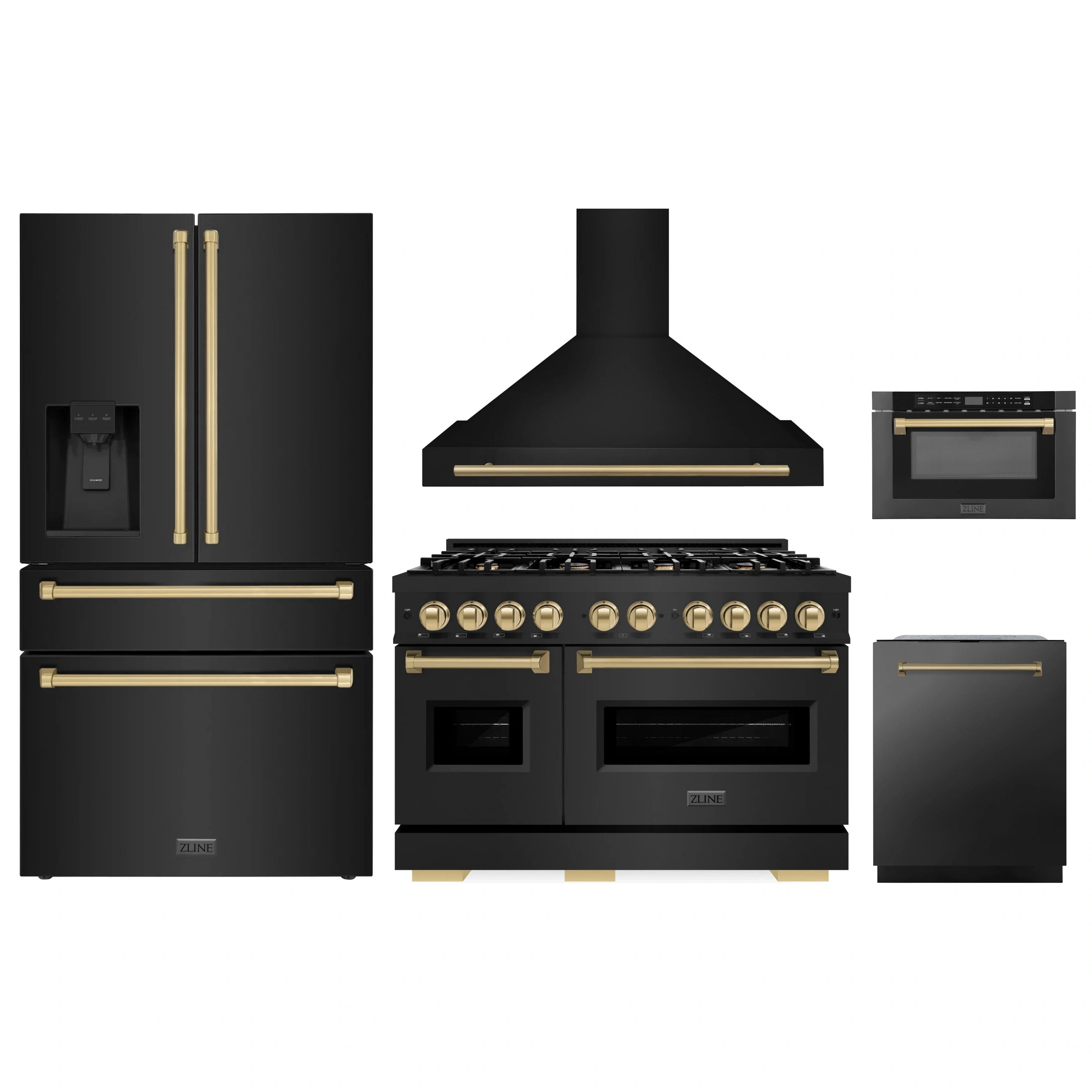 5-piece black stainless steel package with bronze accents: range, hood, fridge, dishwasher