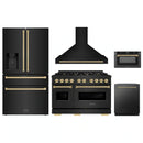 ZLINE 5-Piece Appliance Package - 48-Inch Gas Range, Hood, Refrigerator with Water Dispenser, Dishwasher, and Microwave Drawer in Black Stainless Steel with Champagne Bronze Accents