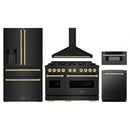 ZLINE 5-Piece Appliance Package - 48-Inch Autograph Edition Gas Range, Wall Mount Range Hood, 36-Inch French Door Refrigerator with Water Dispenser, Dishwasher, and 30-Inch Microwave Drawer in Black Stainless Steel with Gold Accents