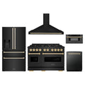 ZLINE 5-Piece Appliance Package - 48-Inch Autograph Edition Gas Range, Wall Mount Range Hood, 36-Inch French Door Refrigerator with Water Dispenser, Dishwasher, and 30-Inch Microwave Drawer in Black Stainless Steel with Gold Accents