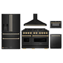 ZLINE 5-Piece Appliance Package - 48-Inch Gas Range, Hood, Refrigerator with Water Dispenser, Dishwasher, and Microwave Drawer in Black Stainless Steel with Gold Accents