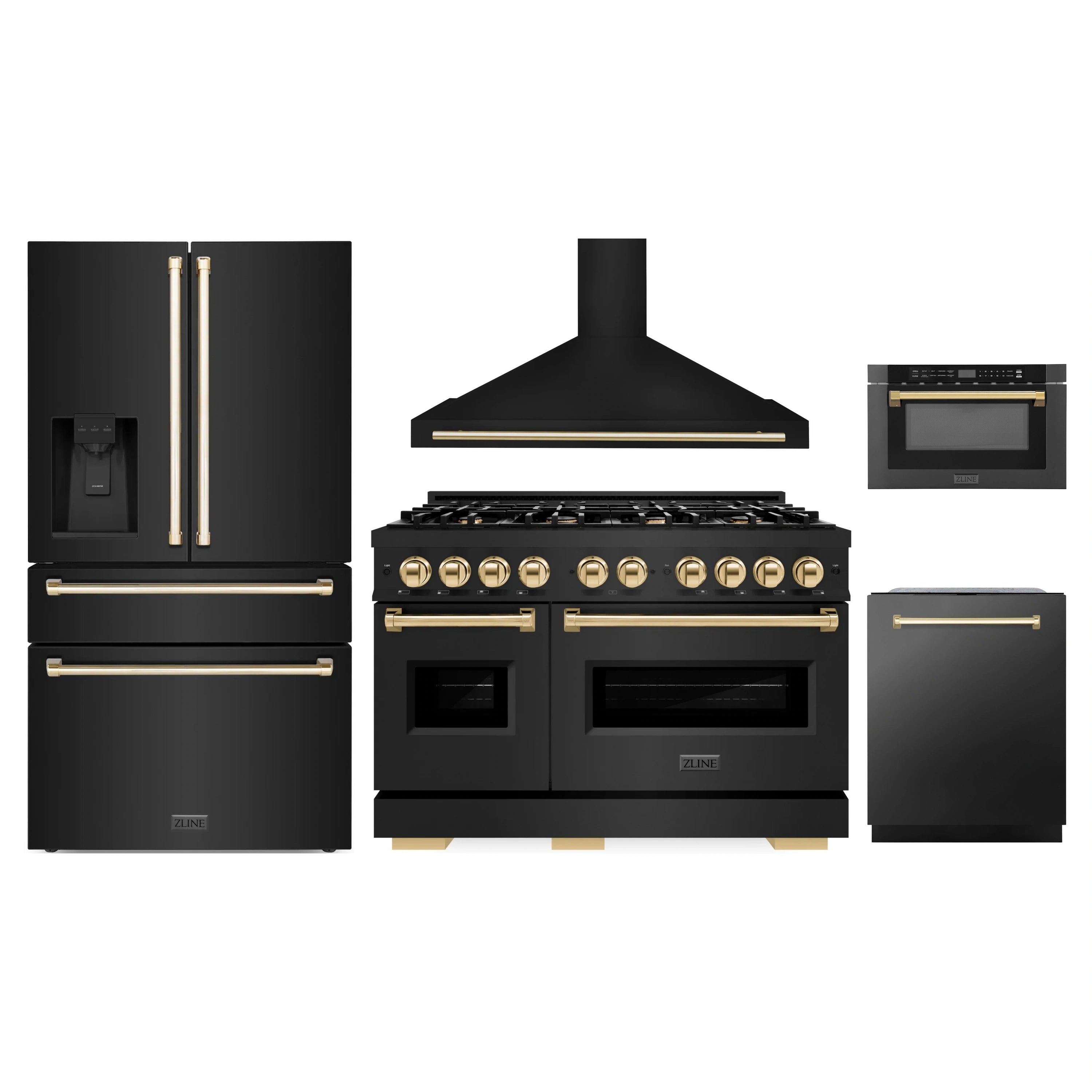 5-piece black stainless appliance set with gold accents, including range, hood, fridge, dishwasher