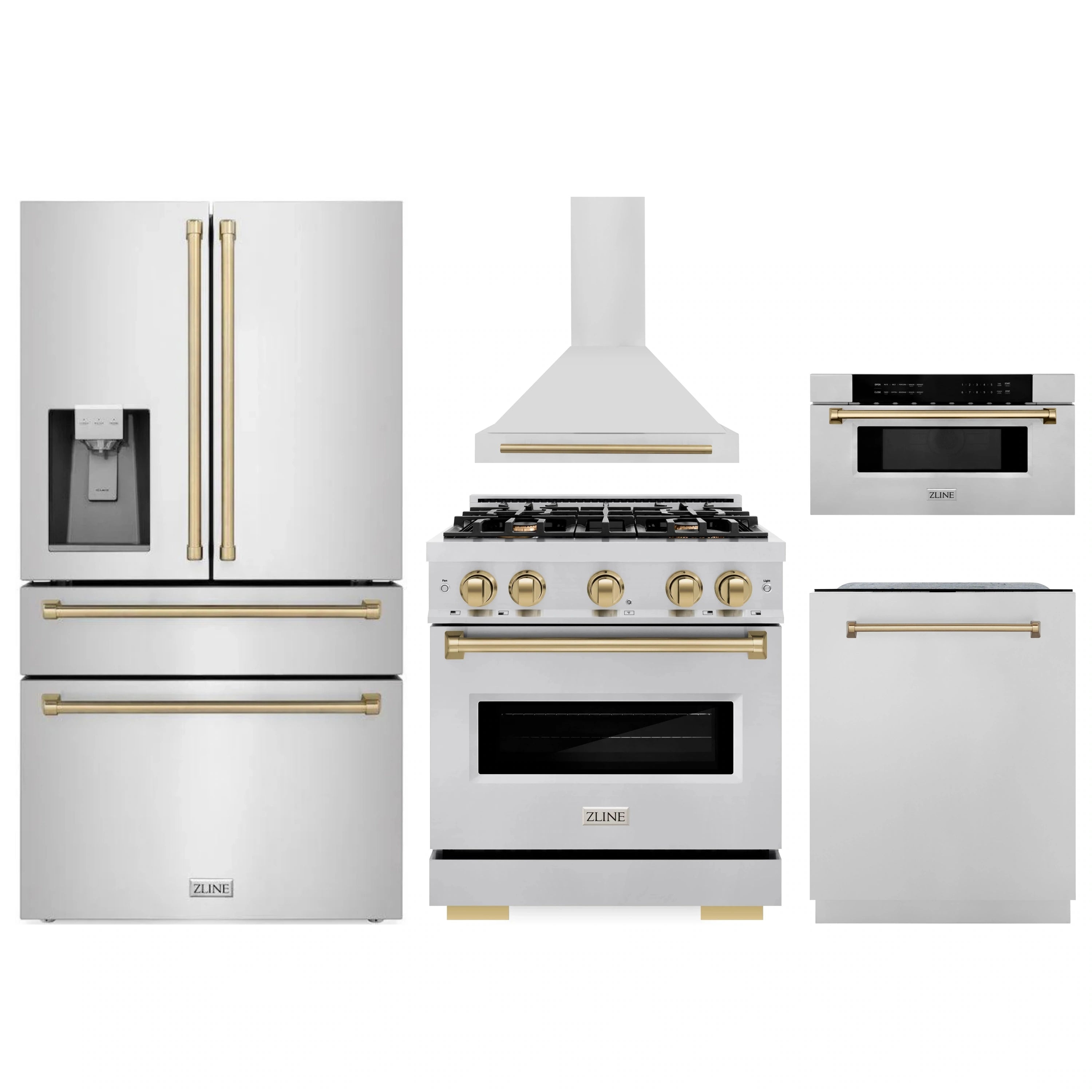 5-piece stainless appliance package set with champagne bronze accents: range, hood, fridge