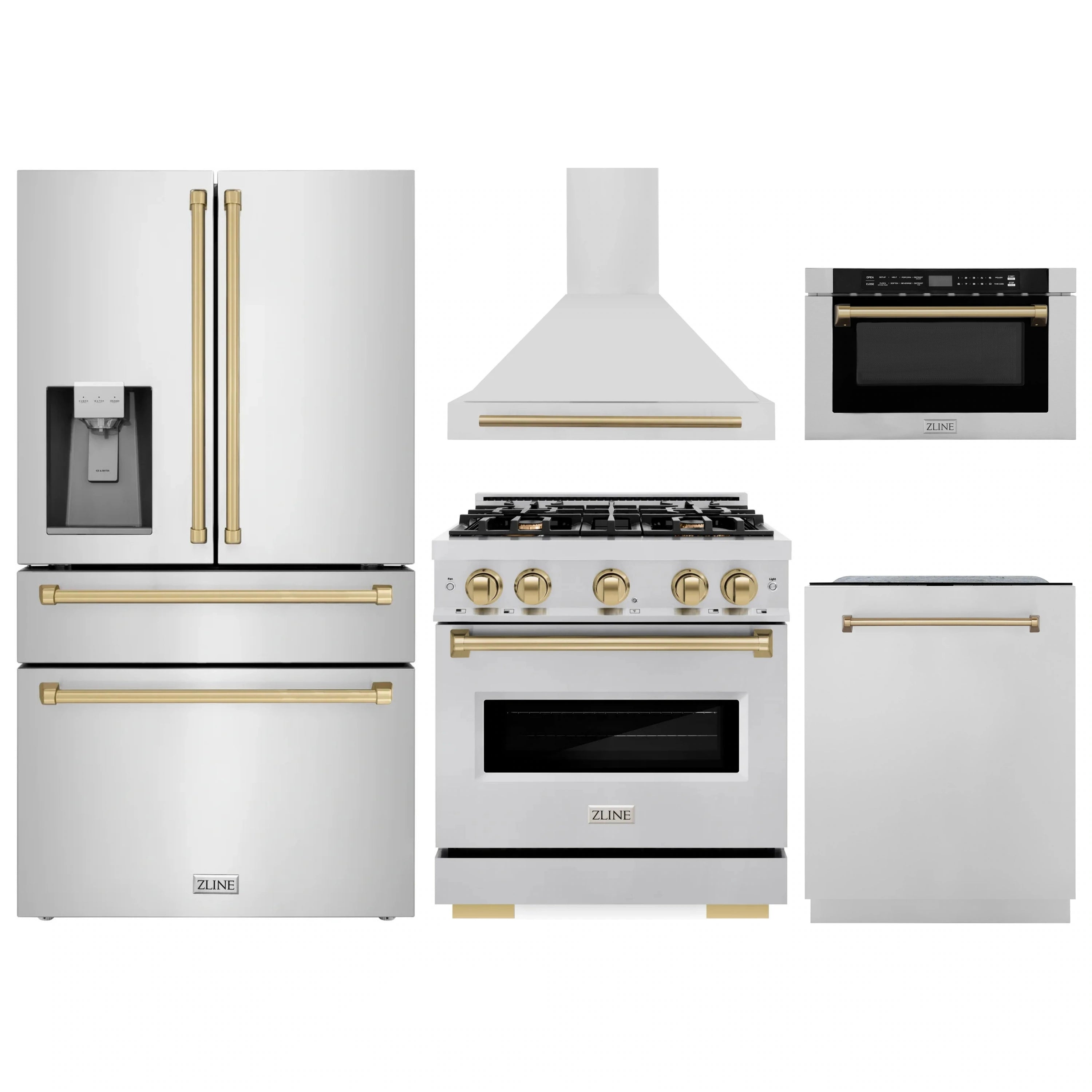 Five-piece appliance package with white bodies, bronze trim, and stainless accents