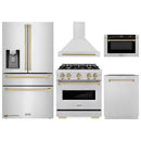 ZLINE 5-Piece Appliance Package - 30-Inch Gas Range, Hood, Refrigerator with Water Dispenser, Dishwasher, and Microwave Drawer in Stainless Steel with Champagne Bronze Accents
