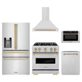 ZLINE 5-Piece Appliance Package - 30-Inch Gas Range, Hood, Refrigerator with Water Dispenser, Dishwasher, and Microwave Drawer in Stainless Steel with Champagne Bronze Accents