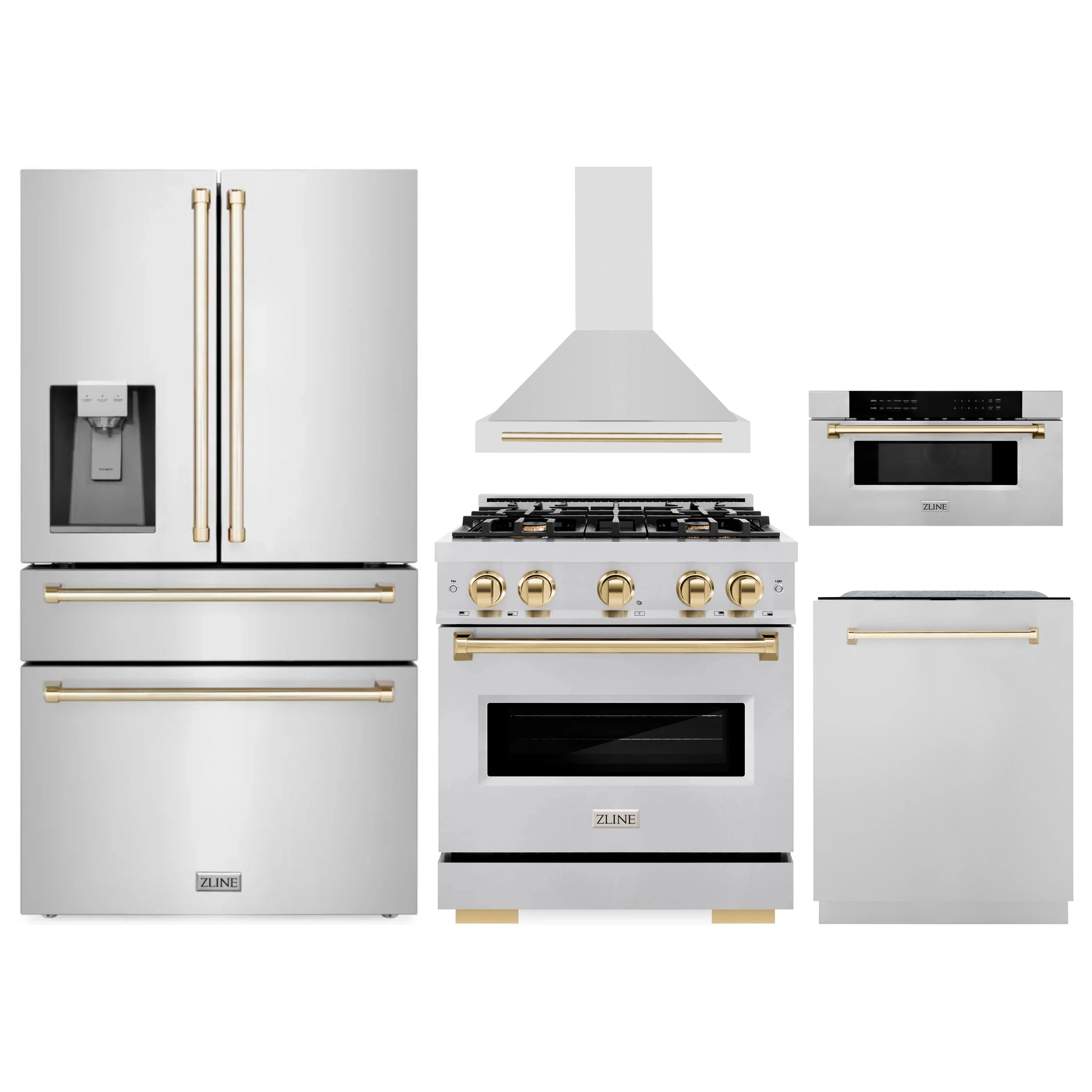 5-piece kitchen appliance package in white with gold-trim handles and stainless fronts