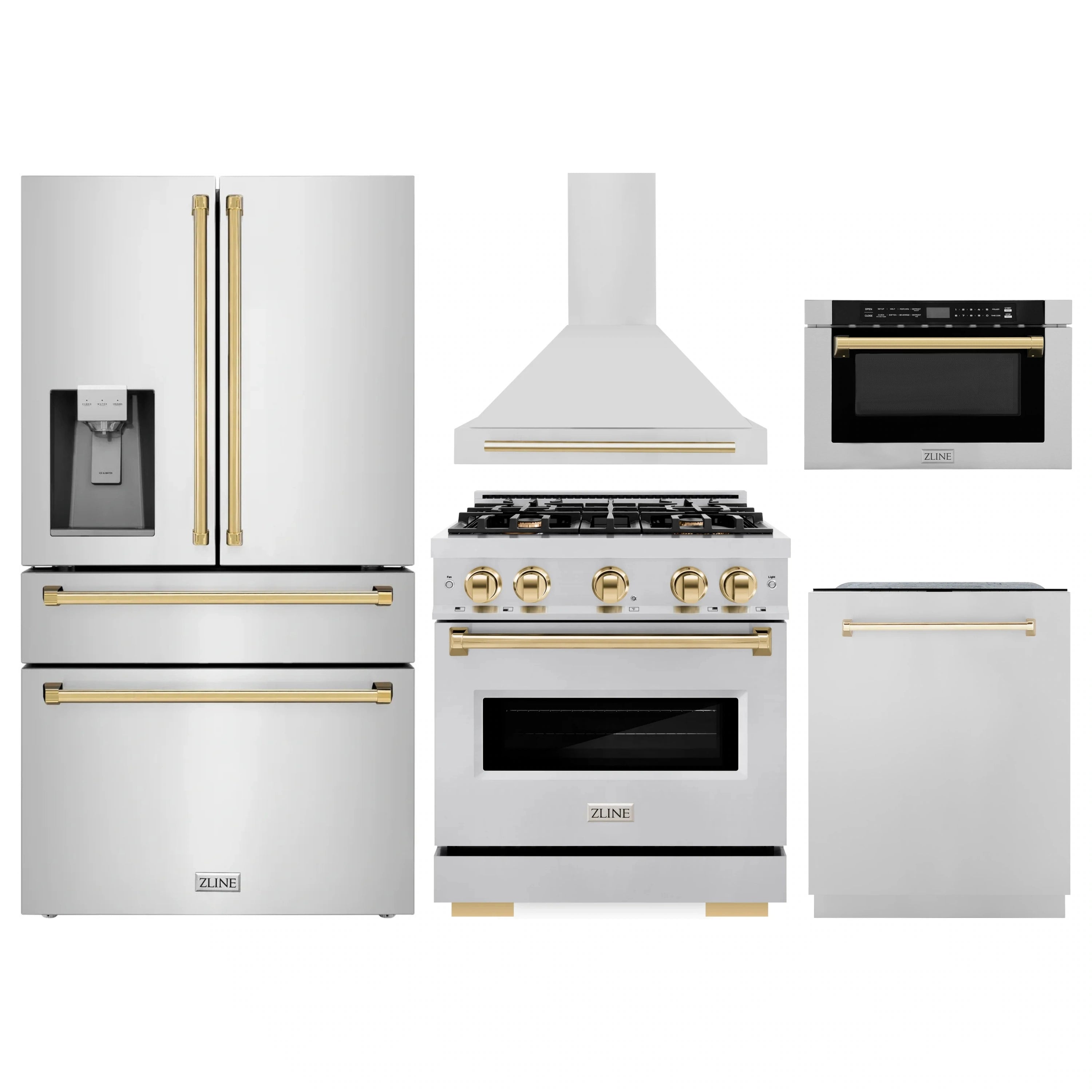5-piece stainless steel appliance set with gold accents: range, hood, fridge, dishwasher, microwave