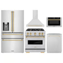 ZLINE 5-Piece Appliance Package - 30-Inch Gas Range, Hood, Refrigerator with Water Dispenser, Dishwasher, and Microwave Drawer in Stainless Steel with Gold Accents