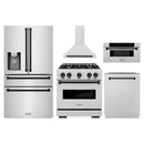 ZLINE 5-Piece Appliance Package - 30-Inch Autograph Edition Gas Range, Wall Mount Range Hood, 36-Inch French Door Refrigerator with Water Dispenser, Dishwasher, and 30-Inch Microwave Drawer in Stainless Steel Matte Black Accents