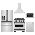 ZLINE 5-Piece Appliance Package - 30-Inch Autograph Edition Gas Range, Wall Mount Range Hood, 36-Inch French Door Refrigerator with Water Dispenser, Dishwasher, and 30-Inch Microwave Drawer in Stainless Steel Matte Black Accents