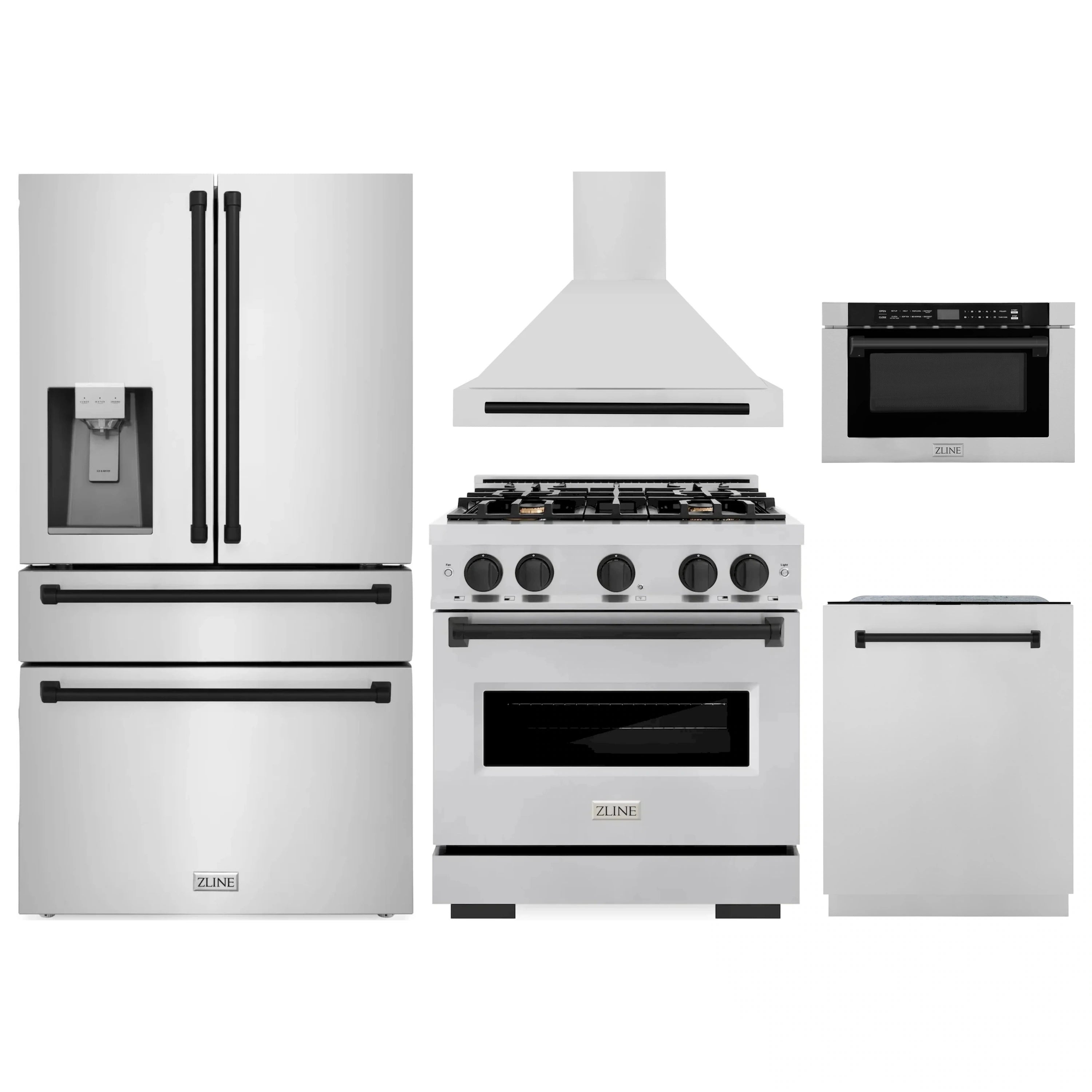 Stainless steel appliance package with refrigerator, range, hood, dishwasher, and drawer