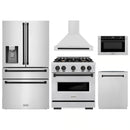 ZLINE 5-Piece Appliance Package - 30-Inch Gas Range, Hood, Refrigerator with Water Dispenser, Dishwasher, and Microwave Drawer in Stainless Steel with Matte Black Accents