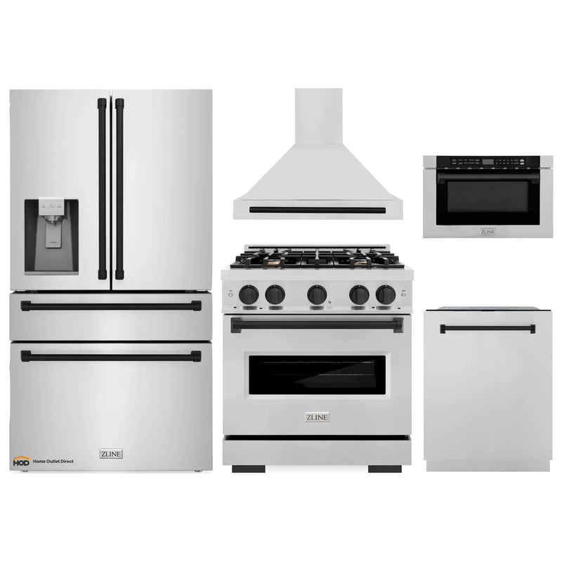 ZLINE 5-Piece Appliance Package - 30-Inch Gas Range, Hood, Refrigerator with Water Dispenser, Dishwasher, and Microwave Drawer in Stainless Steel with Matte Black Accents