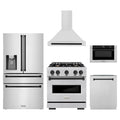 ZLINE 5-Piece Appliance Package - 30-Inch Gas Range, Hood, Refrigerator with Water Dispenser, Dishwasher, and Microwave Drawer in Stainless Steel with Matte Black Accents
