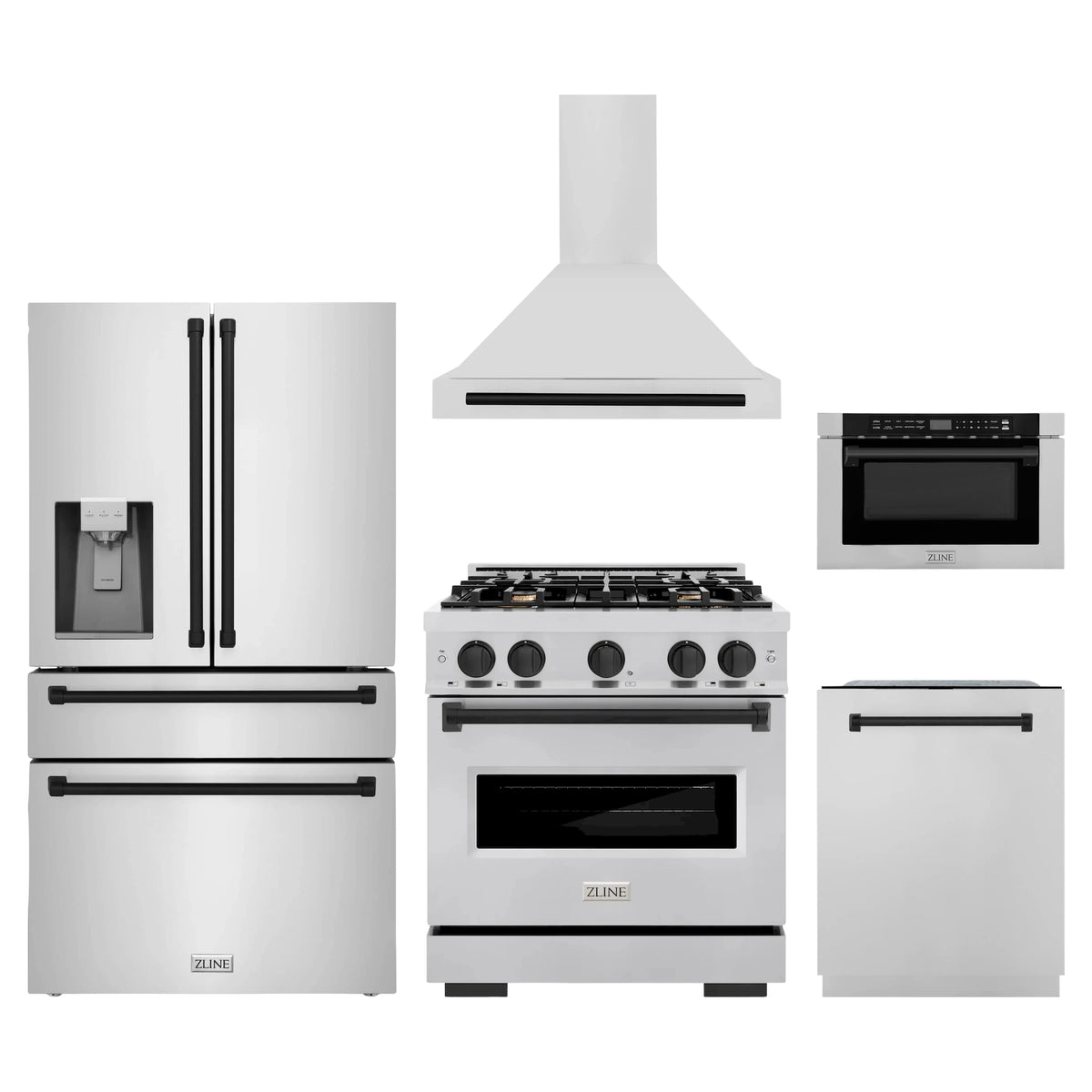 ZLINE 5-Piece Appliance Package - 30-Inch Gas Range, Hood, Refrigerator with Water Dispenser, Dishwasher, and Microwave Drawer in Stainless Steel with Matte Black Accents