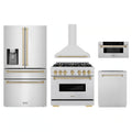 ZLINE 5-Piece Appliance Package - 36-Inch Autograph Edition Gas Range, Wall Mount Range Hood, 36-Inch French Door Refrigerator with Water Dispenser, Dishwasher, and 30-Inch Microwave Drawer in Stainless Steel with Champagne Bronze Accents