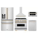 ZLINE 5-Piece Appliance Package - 36-Inch Autograph Edition Gas Range, Wall Mount Range Hood, 36-Inch French Door Refrigerator with Water Dispenser, Dishwasher, and 30-Inch Microwave Drawer in Stainless Steel with Champagne Bronze Accents