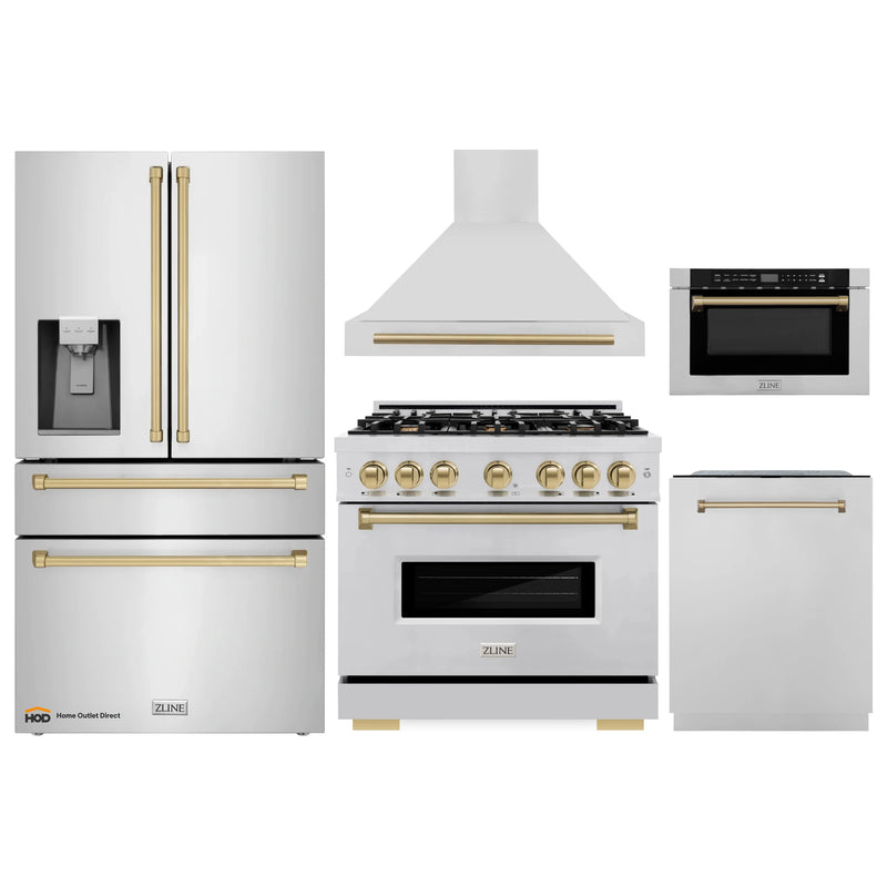 ZLINE 5-Piece Appliance Package - 36-Inch Gas Range, Hood, Refrigerator with Water Dispenser, Dishwasher, and Microwave Drawer in Stainless Steel with Champagne Bronze Accents
