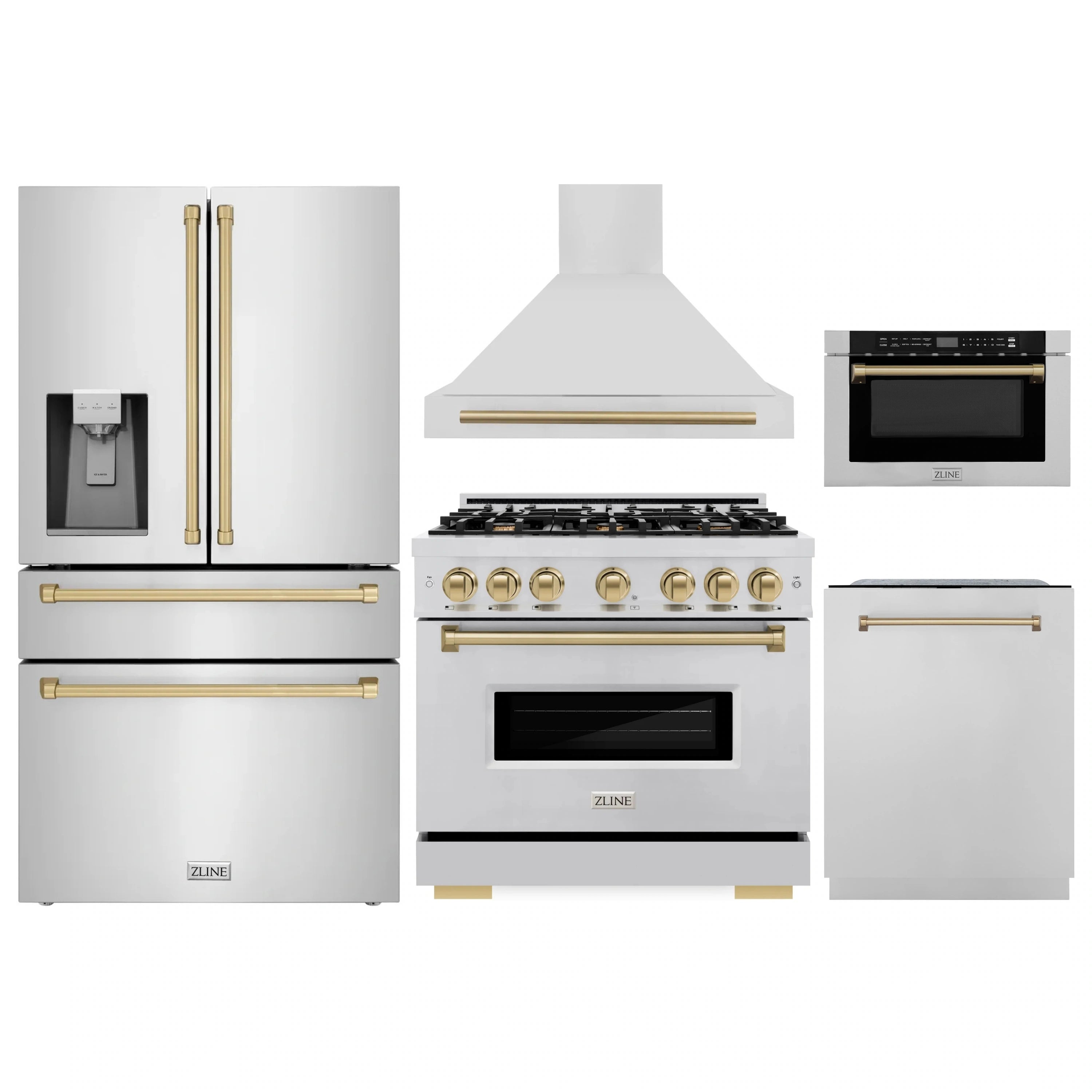ZLINE stainless steel appliance package set with champagne bronze accents (range, hood, fridge, DW, drawer)