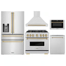 ZLINE 5-Piece Appliance Package - 36-Inch Gas Range, Hood, Refrigerator with Water Dispenser, Dishwasher, and Microwave Drawer in Stainless Steel with Champagne Bronze Accents