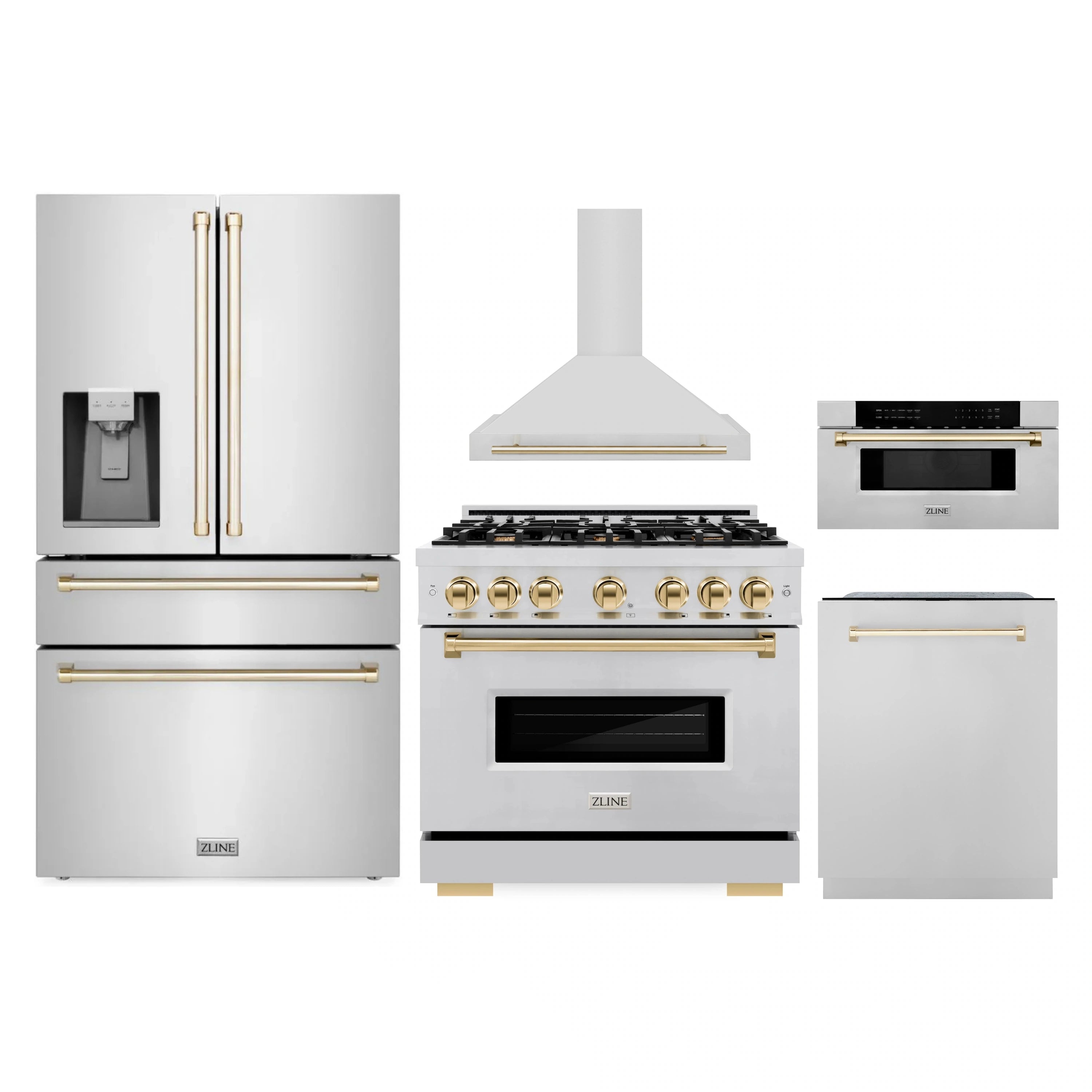 Stainless steel kitchen appliance package with French-door refrigerator and gold accents