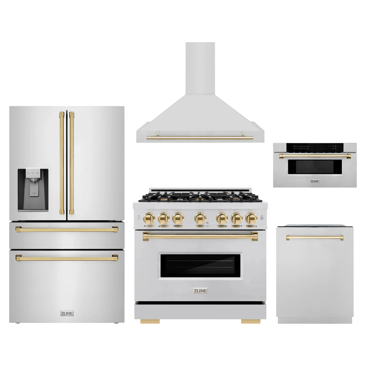 ZLINE 5-Piece Appliance Package - 36-Inch Autograph Edition Gas Range, Wall Mount Range Hood, 36-Inch French Door Refrigerator with Water Dispenser, Dishwasher, and 30-Inch Microwave Drawer in Stainless Steel with Gold Accents