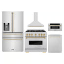 ZLINE 5-Piece Appliance Package - 36-Inch Autograph Edition Gas Range, Wall Mount Range Hood, 36-Inch French Door Refrigerator with Water Dispenser, Dishwasher, and 30-Inch Microwave Drawer in Stainless Steel with Gold Accents