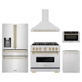 ZLINE 5-Piece Appliance Package - 36-Inch Gas Range, Hood, Refrigerator with Water Dispenser, Dishwasher, and Microwave Drawer in Stainless Steel with Gold Accents