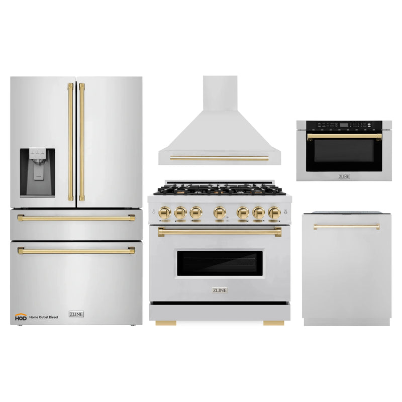 ZLINE 5-Piece Appliance Package - 36-Inch Gas Range, Hood, Refrigerator with Water Dispenser, Dishwasher, and Microwave Drawer in Stainless Steel with Gold Accents