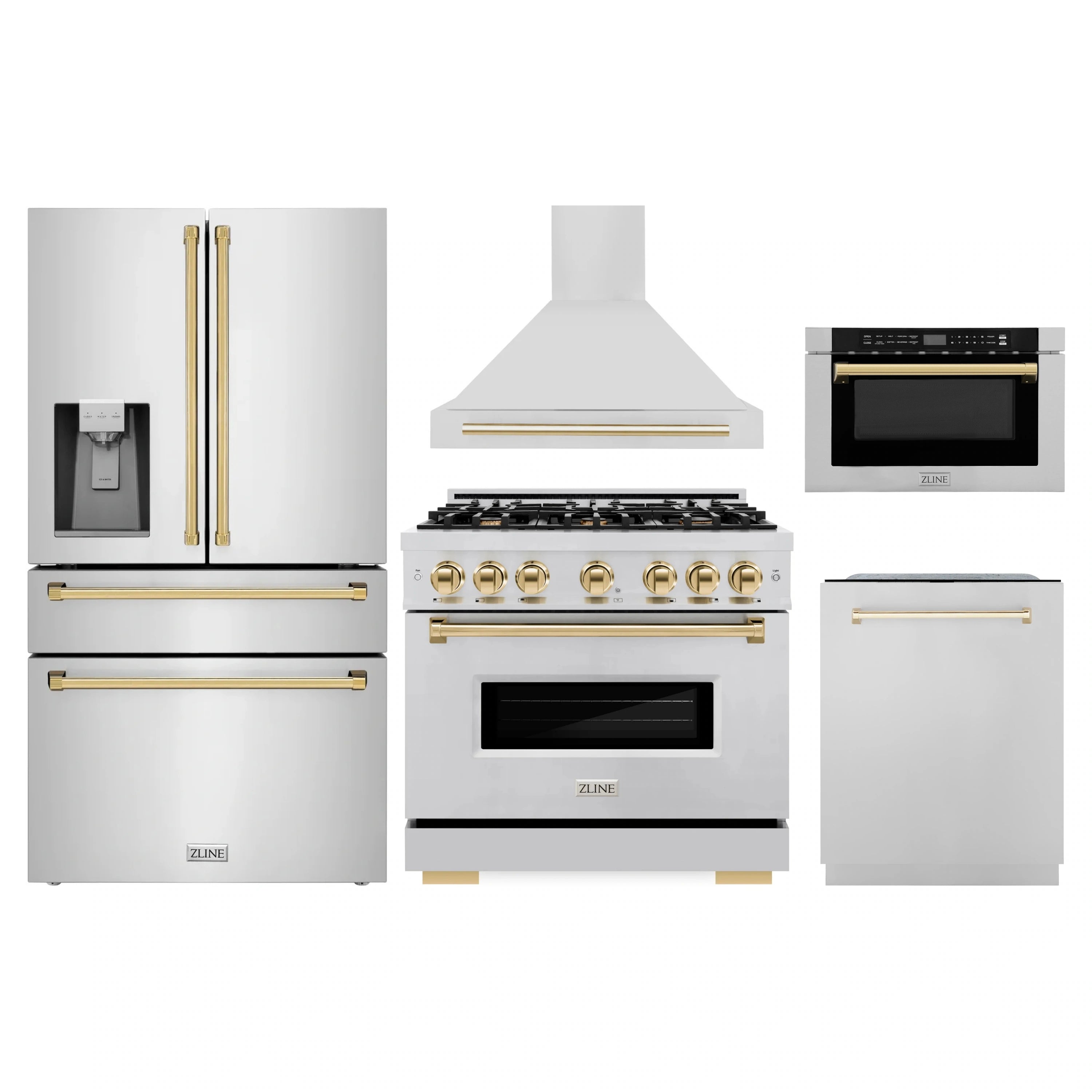 Stainless kitchen appliance package with gold accents: range, hood, microwave, fridge, dishwasher