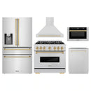ZLINE 5-Piece Appliance Package - 36-Inch Gas Range, Hood, Refrigerator with Water Dispenser, Dishwasher, and Microwave Drawer in Stainless Steel with Gold Accents