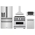 ZLINE 5-Piece Appliance Package - 36-Inch Autograph Edition Gas Range, Wall Mount Range Hood, 36-Inch French Door Refrigerator with Water Dispenser, Dishwasher, and 30-Inch Microwave Drawer in Stainless Steel Matte Black Accents