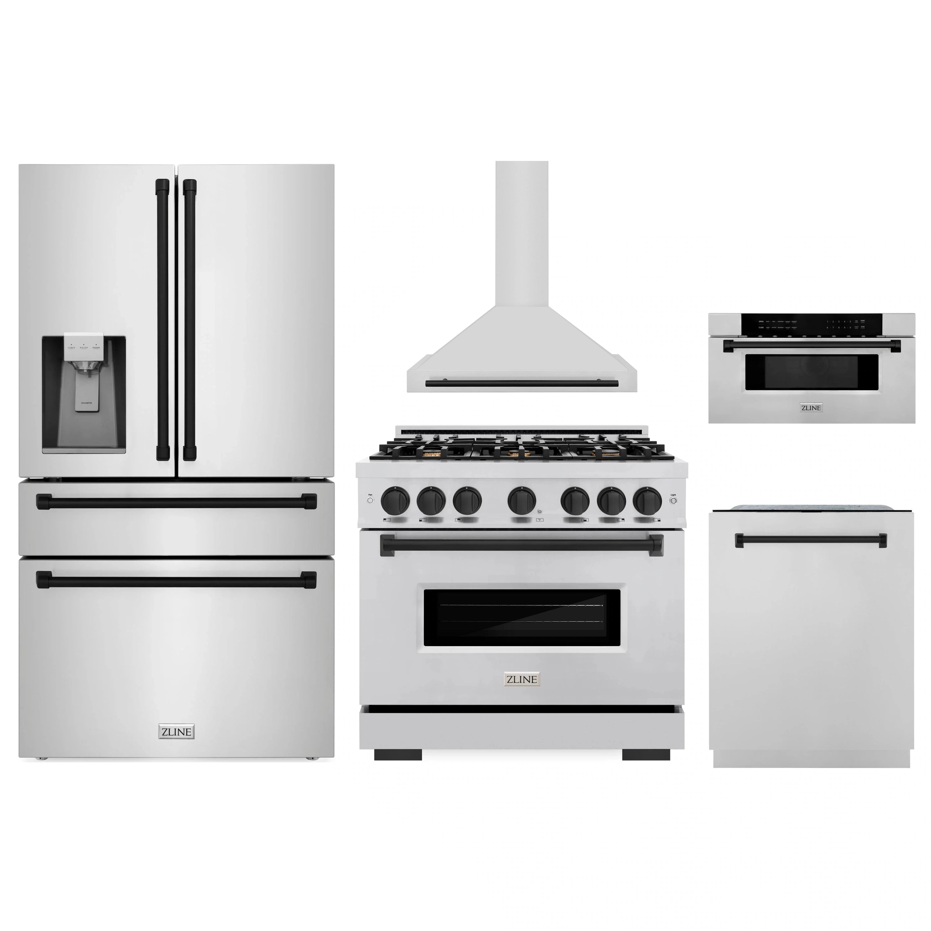 5-piece kitchen appliance package with gas range, hood, refrigerator, dishwasher, microwave