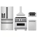 ZLINE 5-Piece Appliance Package - 36-Inch Autograph Edition Gas Range, Wall Mount Range Hood, 36-Inch French Door Refrigerator with Water Dispenser, Dishwasher, and 30-Inch Microwave Drawer in Stainless Steel Matte Black Accents