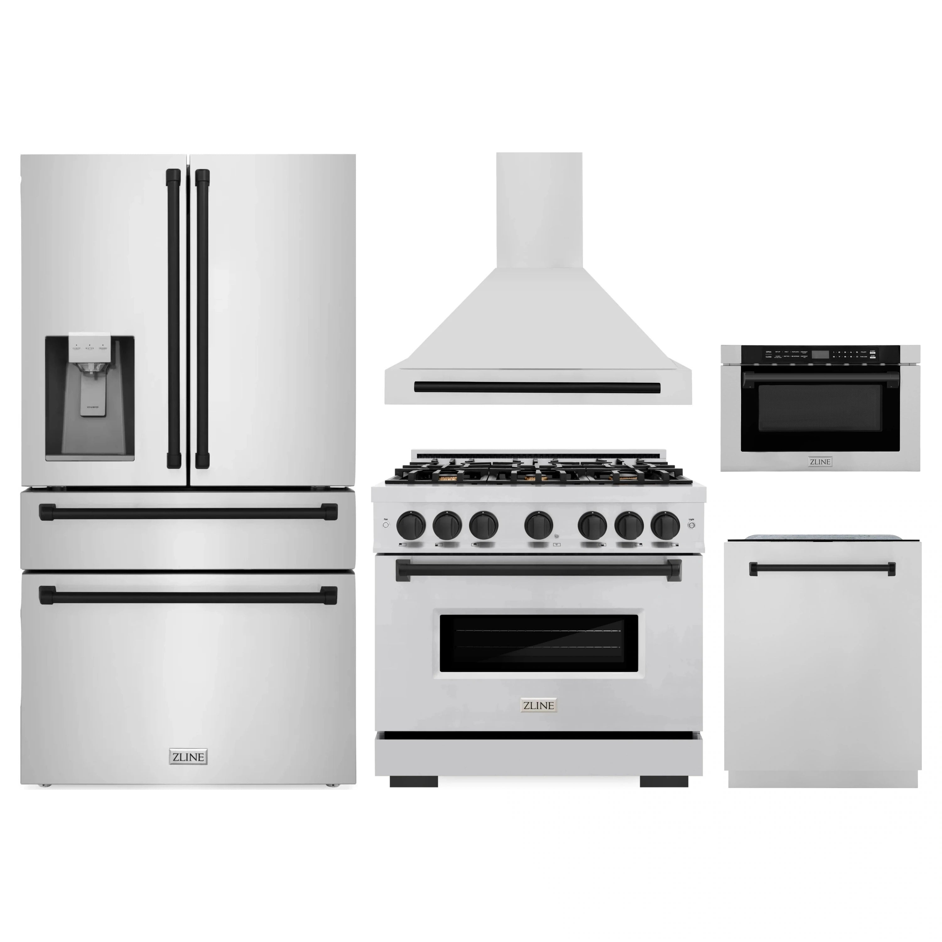 Kitchen appliance package lineup in white: refrigerator, gas range, wall oven, microwave, hood