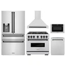 ZLINE 5-Piece Appliance Package - 36-Inch Gas Range, Hood, Refrigerator with Water Dispenser, Dishwasher, and Microwave Drawer in Stainless Steel with Matte Black Accents