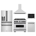ZLINE 5-Piece Appliance Package - 36-Inch Gas Range, Hood, Refrigerator with Water Dispenser, Dishwasher, and Microwave Drawer in Stainless Steel with Matte Black Accents