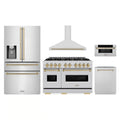 ZLINE 5-Piece Appliance Package - 48-Inch Autograph Edition Gas Range, Wall Mount Range Hood, 36-Inch French Door Refrigerator with Water Dispenser, Dishwasher, and 30-Inch Microwave Drawer in Stainless Steel with Champagne Bronze Accents