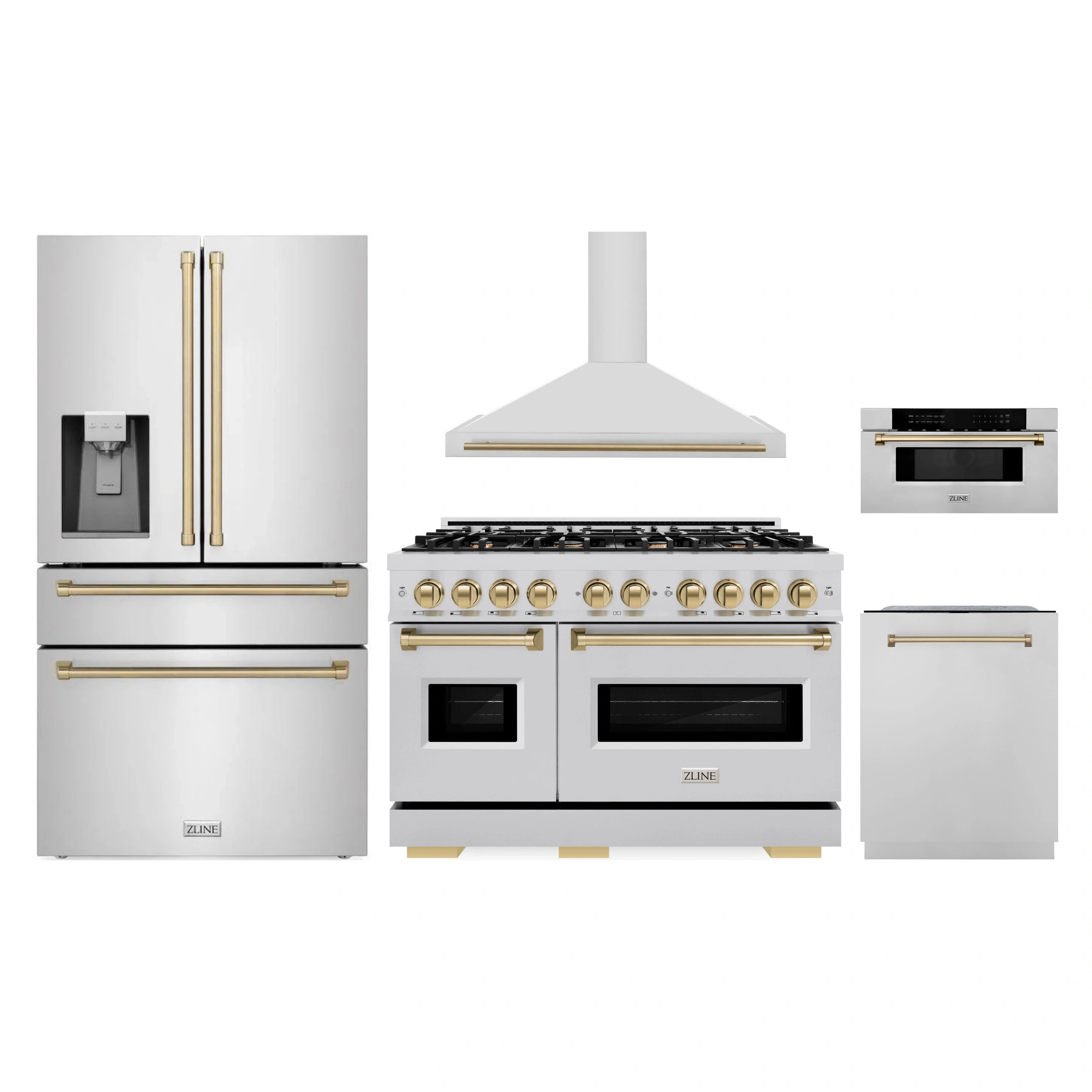 Stainless steel appliance package featuring refrigerator, gas range, and microwave drawer