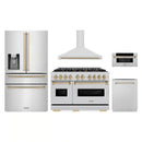 ZLINE 5-Piece Appliance Package - 48-Inch Autograph Edition Gas Range, Wall Mount Range Hood, 36-Inch French Door Refrigerator with Water Dispenser, Dishwasher, and 30-Inch Microwave Drawer in Stainless Steel with Champagne Bronze Accents