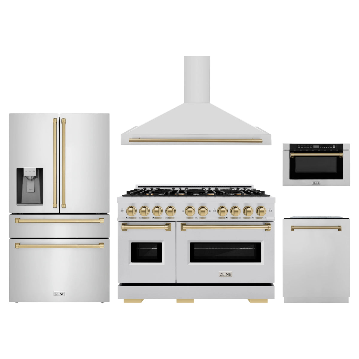 ZLINE 5-Piece Appliance Package - 48-Inch Gas Range, Hood, Refrigerator with Water Dispenser, Dishwasher, and Microwave Drawer in Stainless Steel with Champagne Bronze Accents