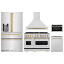 ZLINE 5-Piece Appliance Package - 48-Inch Gas Range, Hood, Refrigerator with Water Dispenser, Dishwasher, and Microwave Drawer in Stainless Steel with Champagne Bronze Accents