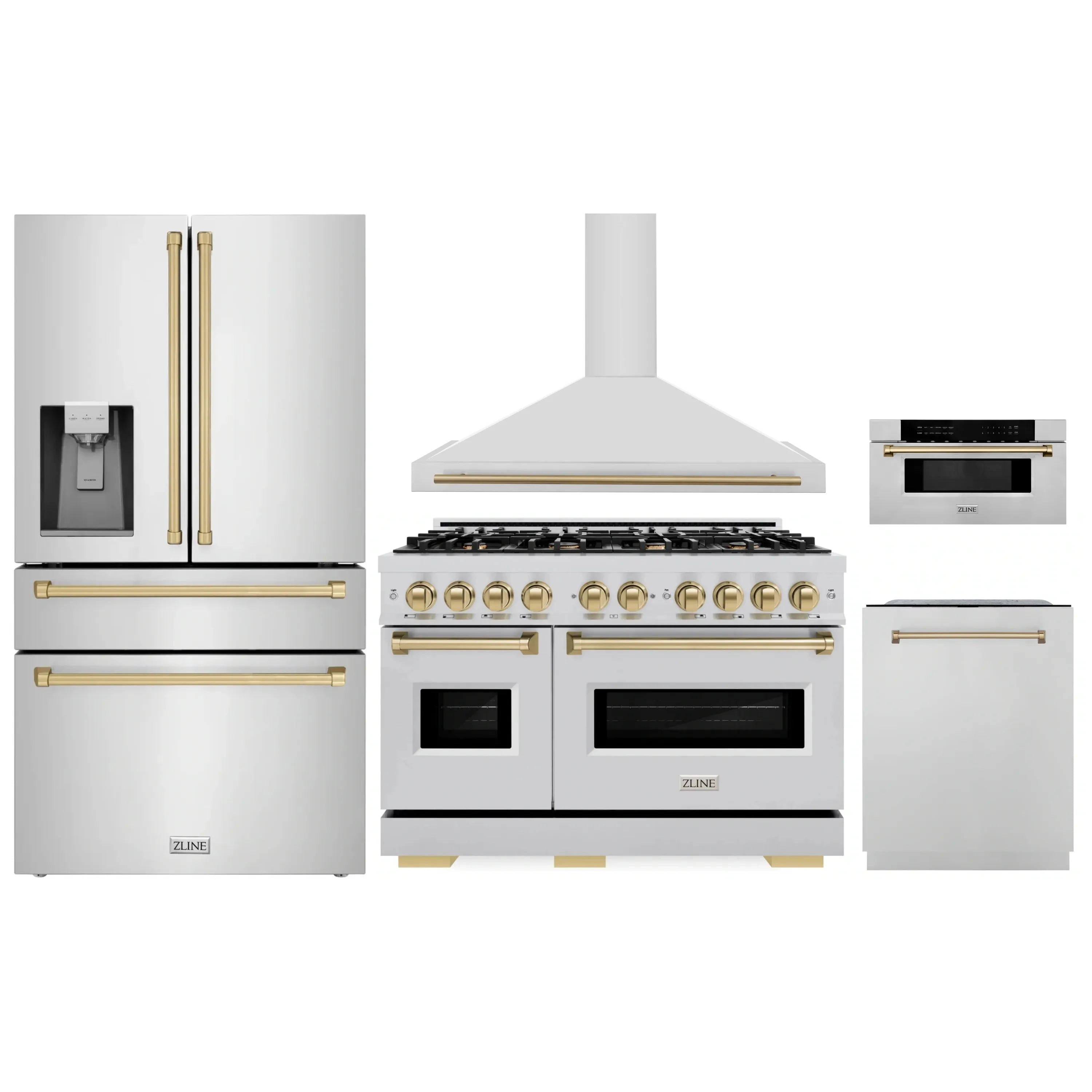 ZLINE appliance package set: range, hood, refrigerator, dishwasher, microwave drawer